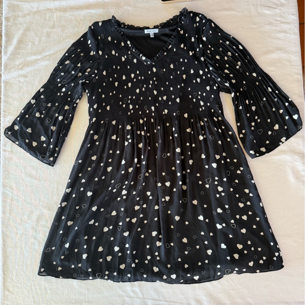 Floral & Ivy Black Heart Print Smocked Dress Long Sleeve Size XL
